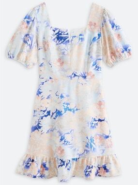 The Commons Floral Puff Sleeve Dress Blue Peach Ruffle Hem Pockets M